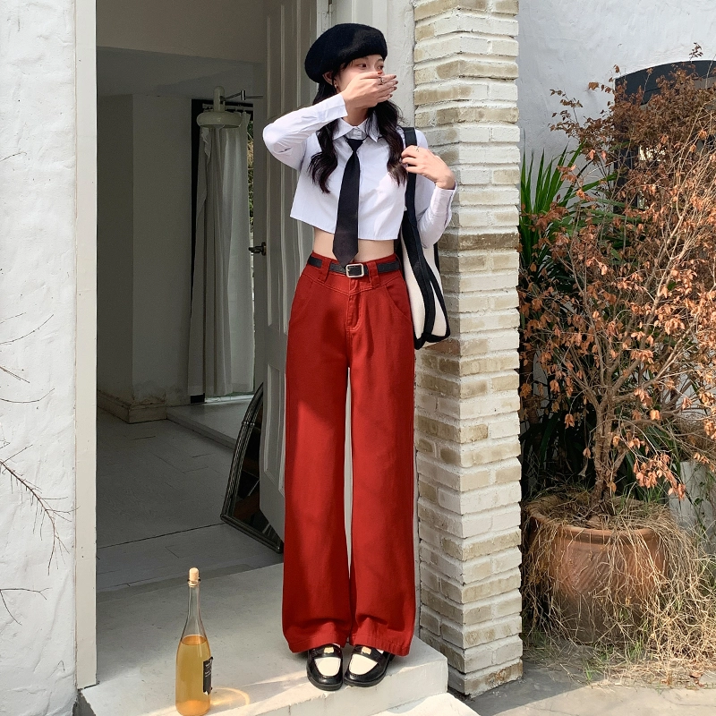 玫丝朵 美式复古高腰宽松学院风直筒牛仔裤 女款