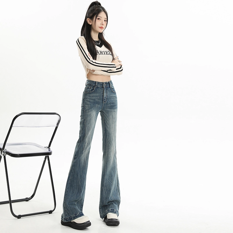 玫丝朵 复古高街做旧猫须设计感微喇拖地牛仔裤 女款