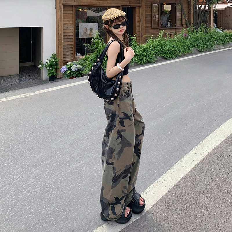 玫丝朵 美式复古高腰迷彩设计时尚百搭宽松直筒阔腿牛仔裤 女款