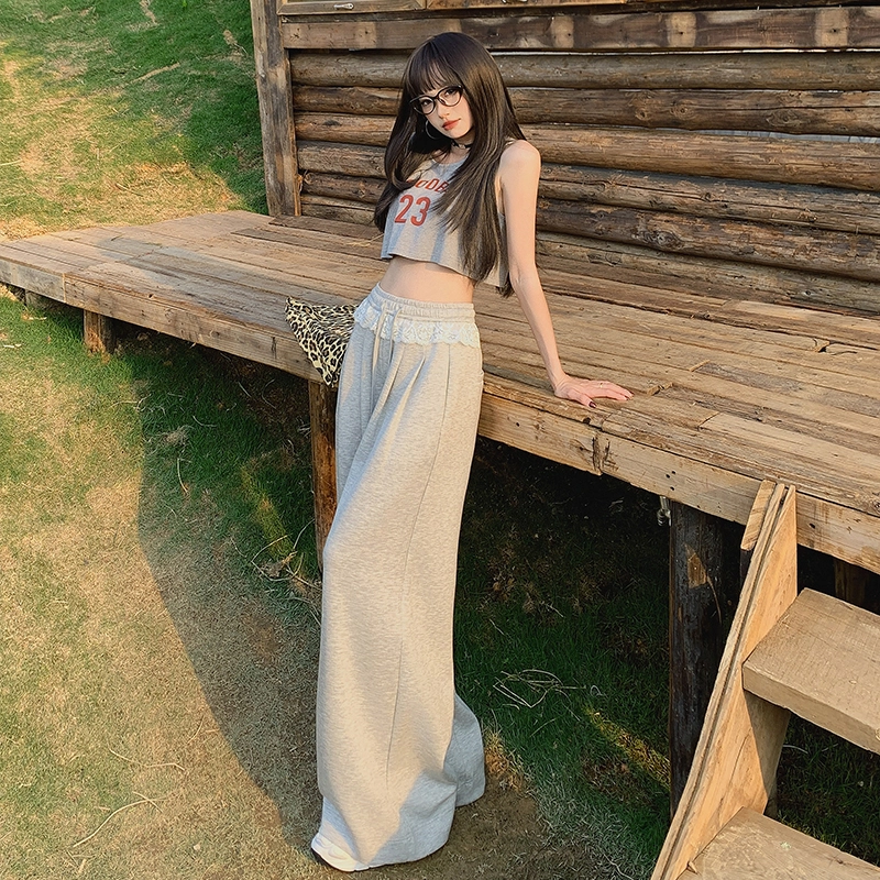 玫丝朵 复古气质蕾丝花边拼接撞色设计高级垂感抽绳慵懒风休闲裤 女款