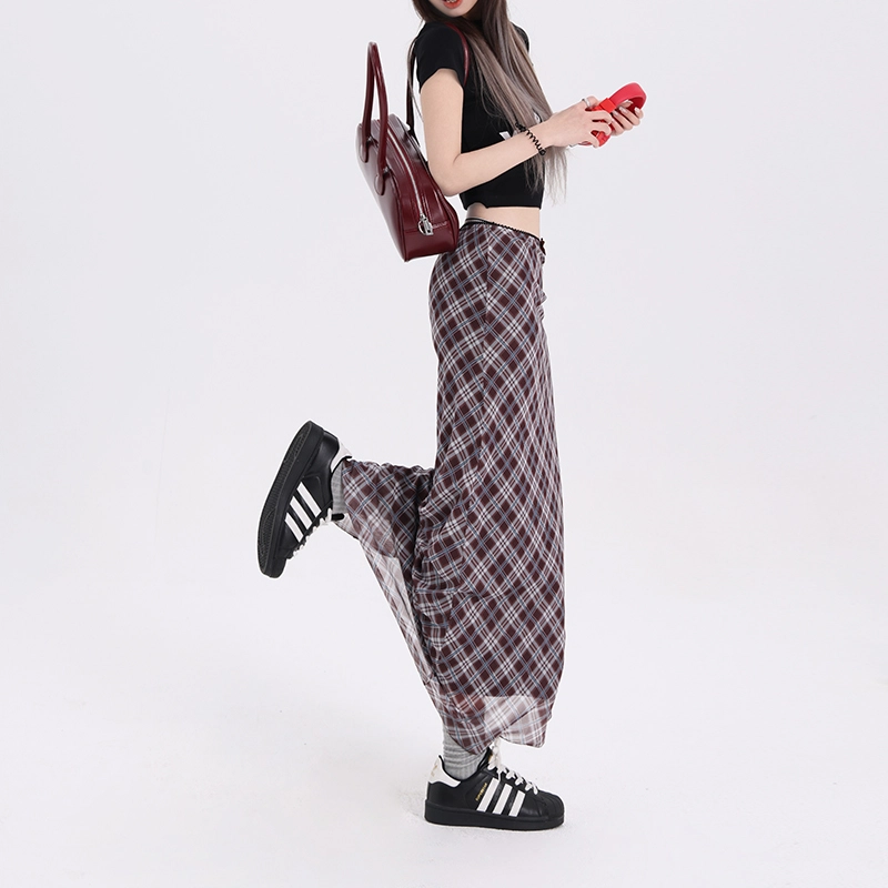 玫丝朵 格子中长款自然腰休闲长裙 女款 蓝青格纹