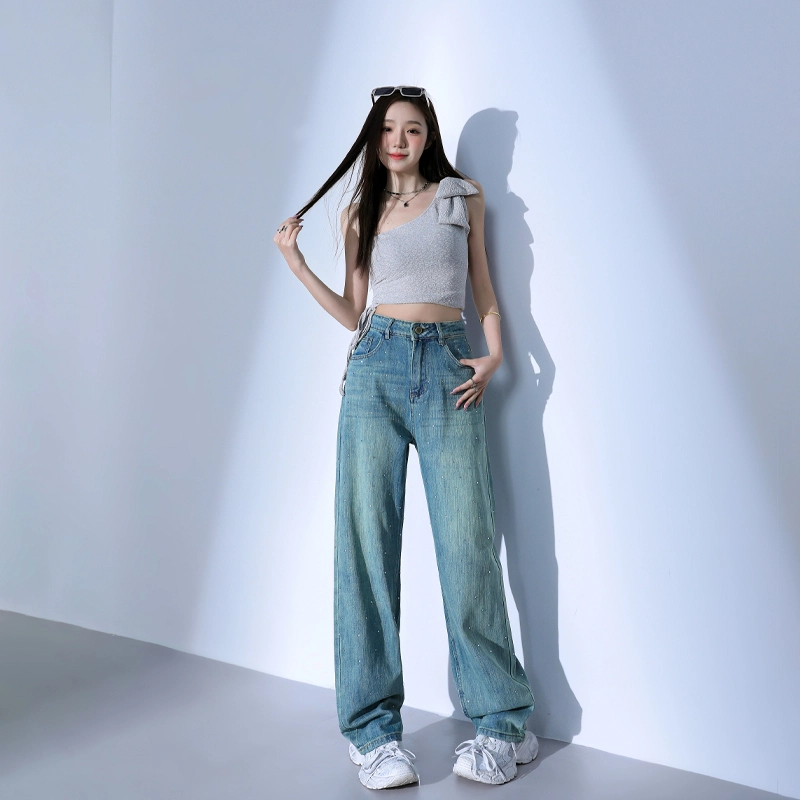 玫丝朵 美式潮流设计时尚百搭宽松阔腿牛仔裤 女款 烫钻孔雀绿