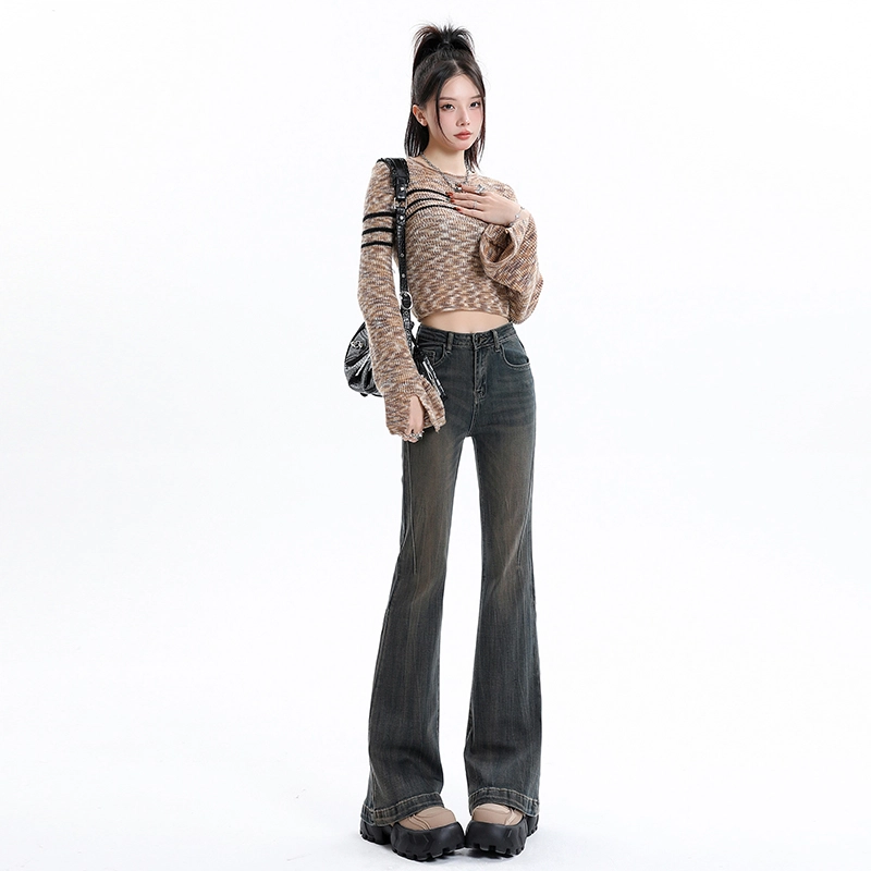 玫丝朵 复古高街做旧猫须设计感微喇拖地牛仔裤 女款