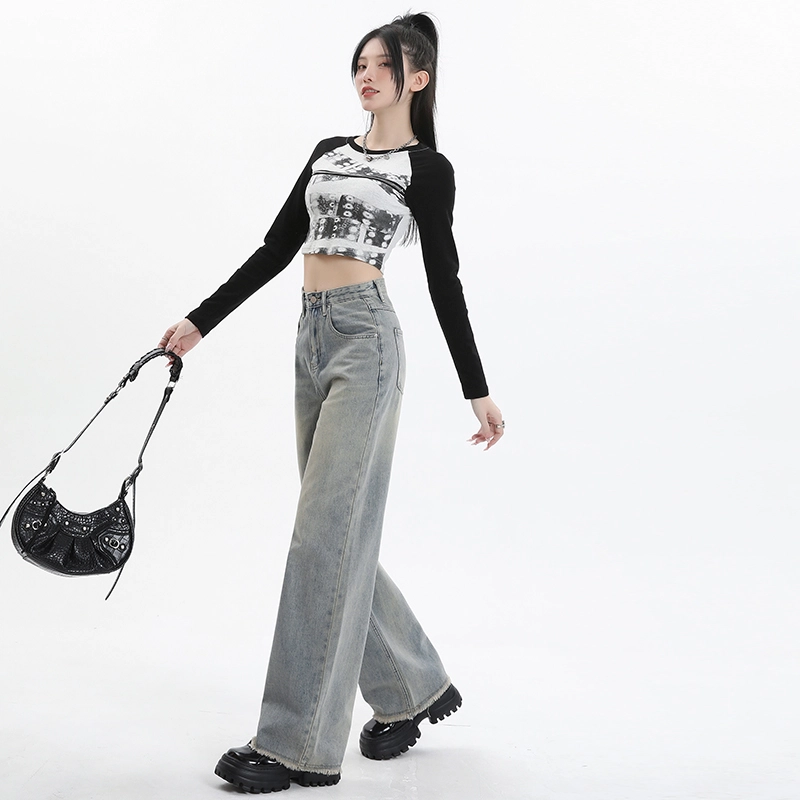 玫丝朵 复古高腰拉链宽松直筒牛仔裤 女款 怀旧蓝