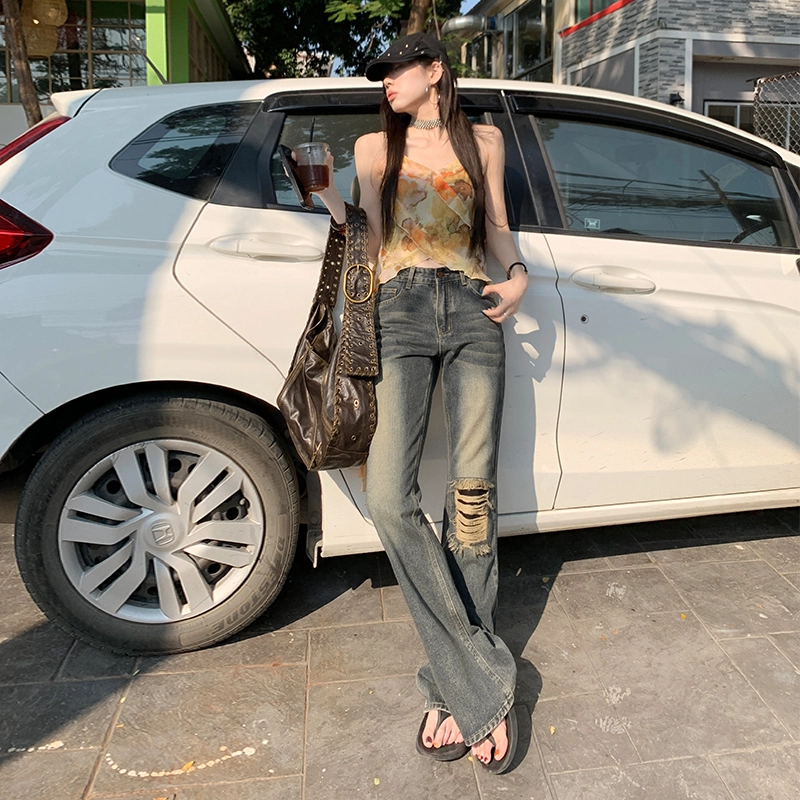 玫丝朵 美式复古酷飒破洞流苏设计时尚百搭喇叭牛仔裤 女款
