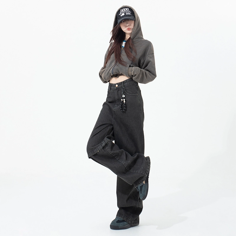 玫丝朵 美式街头休闲风可拆卸铆钉设计百搭宽松直筒牛仔裤 女款 黑色