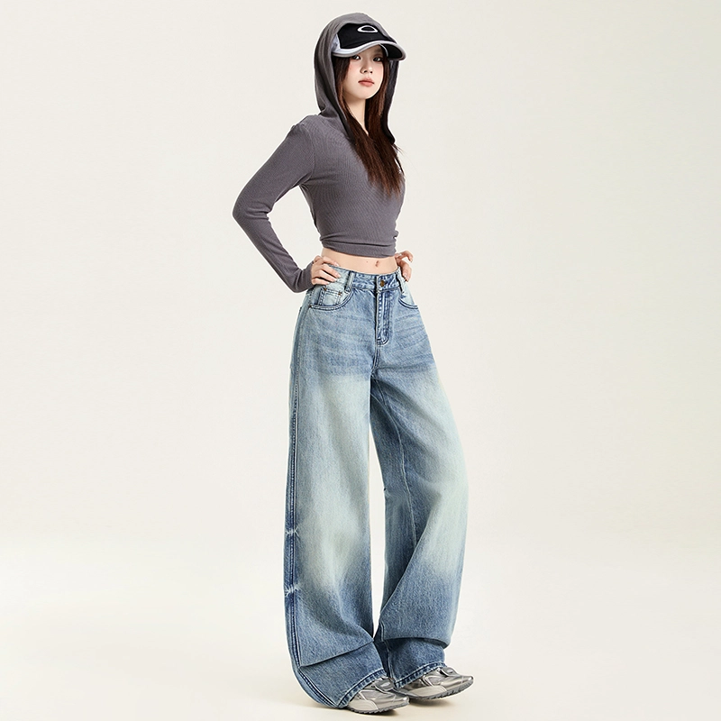 玫丝朵 美式重工水洗做旧设计高腰宽松直筒阔腿拖地牛仔裤 女款 复古蓝