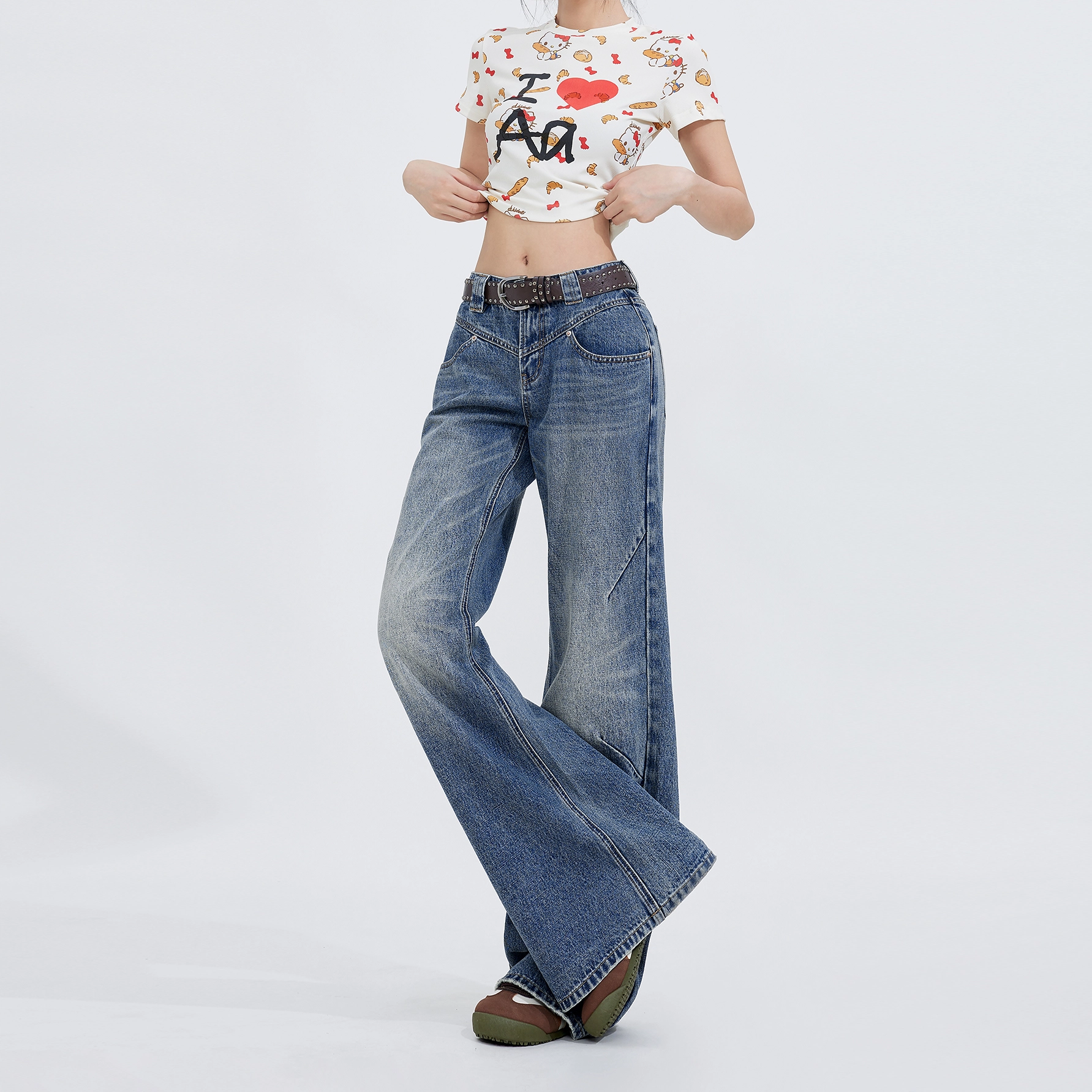 玫丝朵 美式经典时尚设计阔腿减龄百搭宽松牛仔裤 女款 复古蓝
