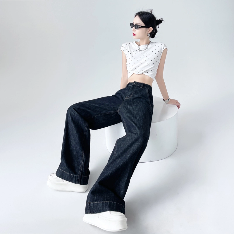 玫丝朵 复古百搭高腰宽松阔腿拖地牛仔裤 女款