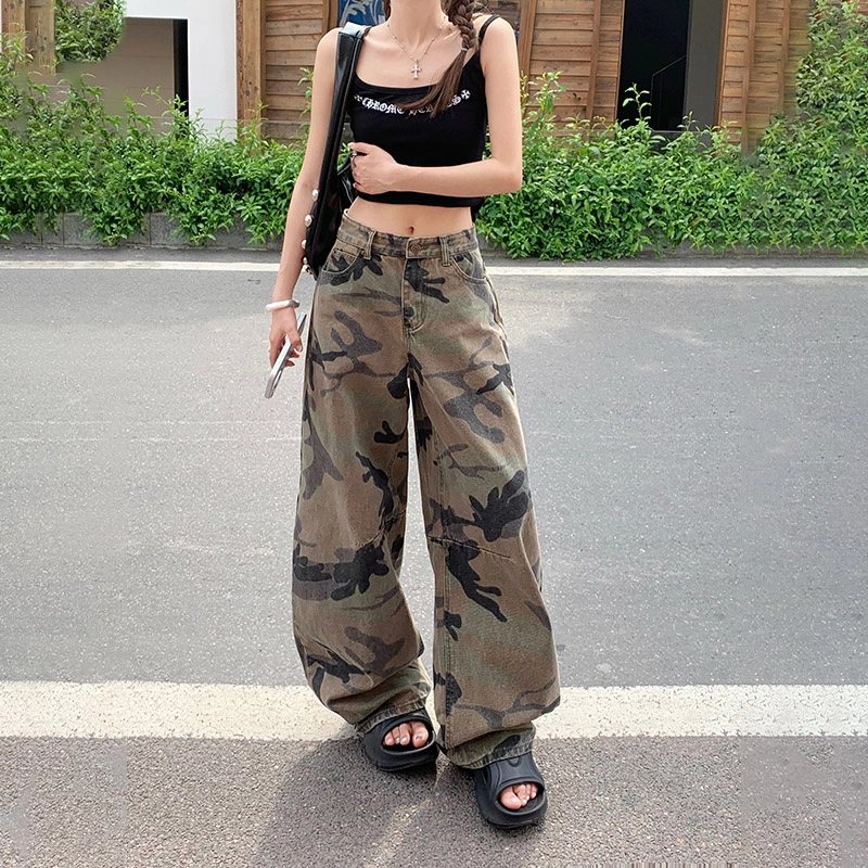 玫丝朵 美式复古高腰迷彩设计时尚百搭宽松直筒阔腿牛仔裤 女款