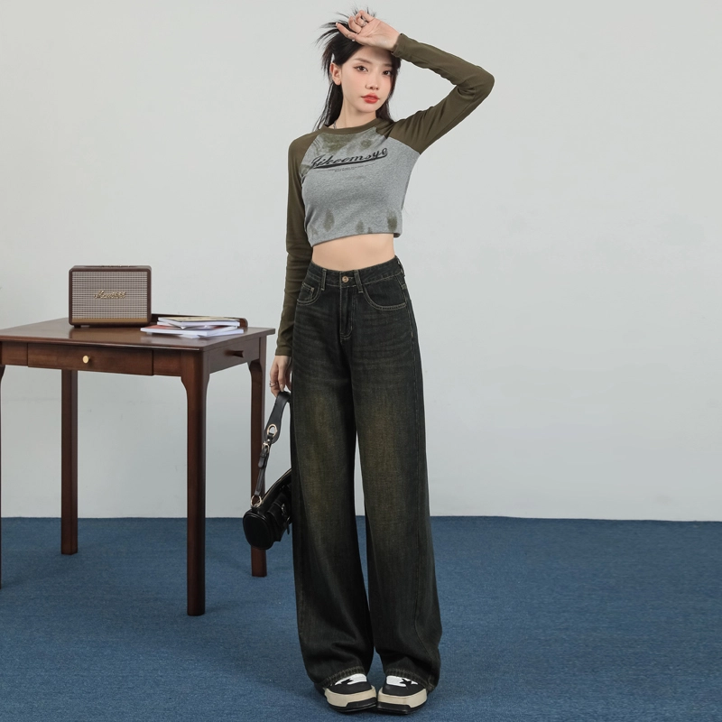 玫丝朵 美式复古高腰宽松直筒牛仔裤 女款