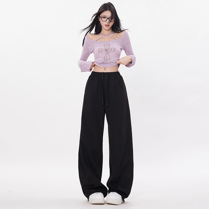 玫丝朵 简约百搭弯刀裤设计高腰宽松阔腿休闲裤 女款 白色