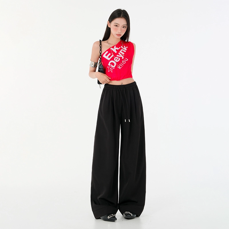 玫丝朵 美式新潮简约纯色松紧高腰宽松垂感阔腿休闲裤 女款