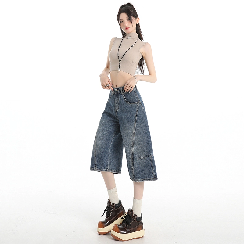 玫丝朵 美式复古高腰阔腿裤宽松百搭七分直筒牛仔短裤 女款