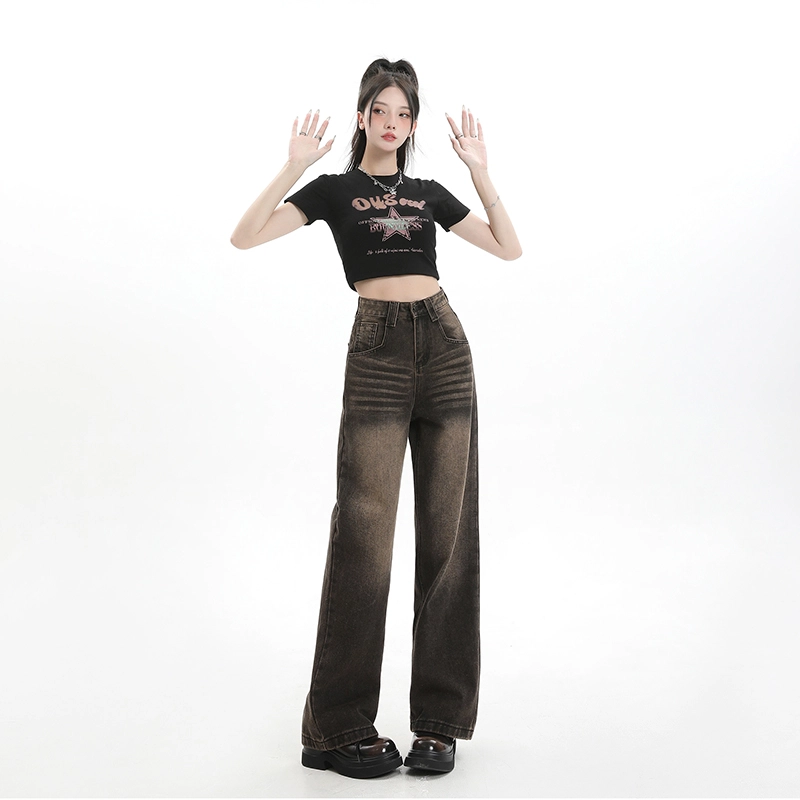 玫丝朵 复古水洗做旧高腰阔腿直筒宽松牛仔裤 女款 碳灰色