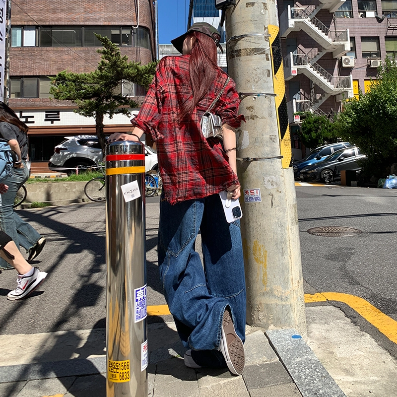 玫丝朵 日系少年感街头弯刀拼接牛仔裤 女款