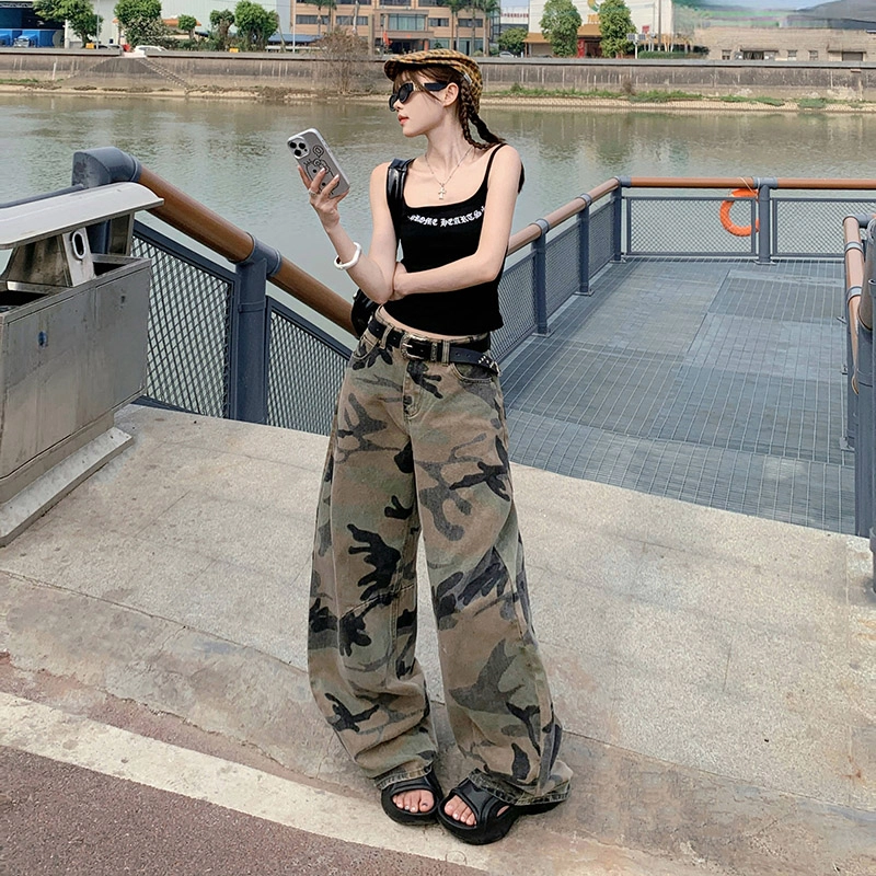 玫丝朵 美式复古高腰迷彩设计时尚百搭宽松直筒阔腿牛仔裤 女款
