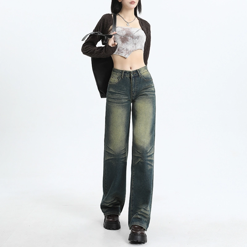 玫丝朵 美式复古怀旧高腰宽松直筒拖地牛仔裤 女款