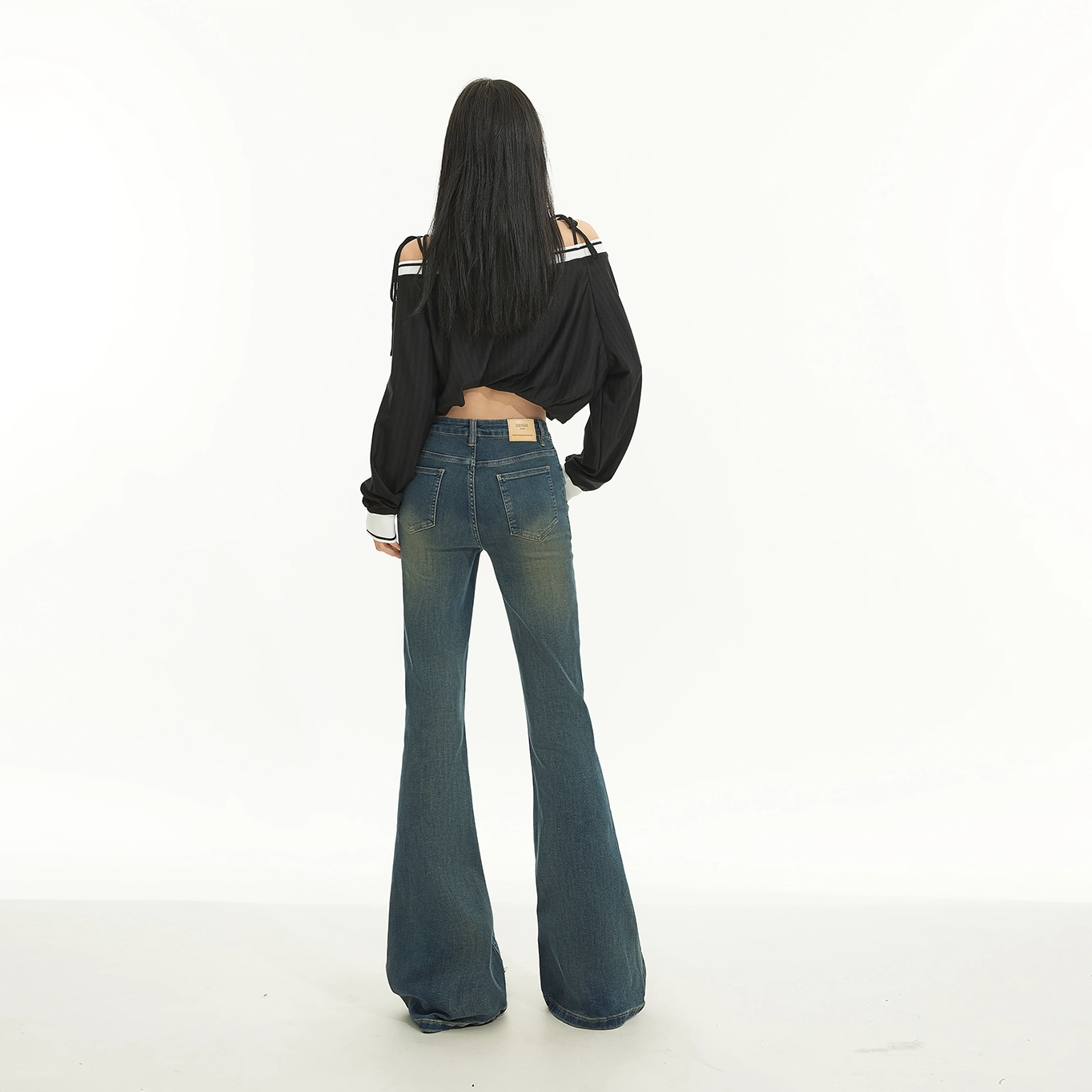 玫丝朵 美式复古前口袋设计百搭修身喇叭长裤牛仔裤 女款 怀旧蓝