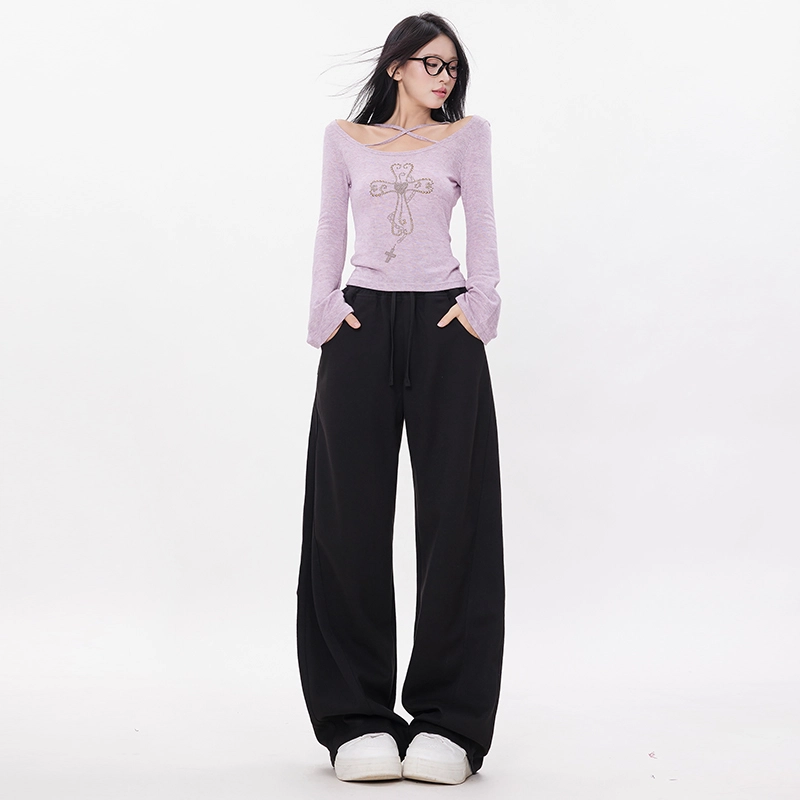 玫丝朵 简约百搭弯刀裤设计高腰宽松阔腿休闲裤 女款 白色