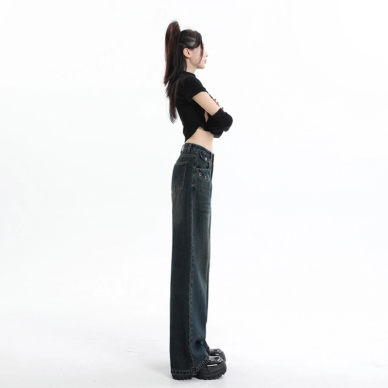 玫丝朵 港风复古拼接口袋鸡眼做旧高腰直筒阔腿牛仔裤 女款 蓝灰色长裤