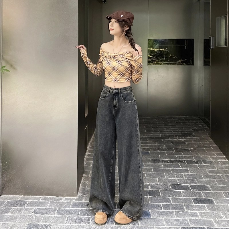 玫丝朵 春季美式复古宽松百搭高腰阔腿拖地女牛仔裤 女款 怀旧蓝灰