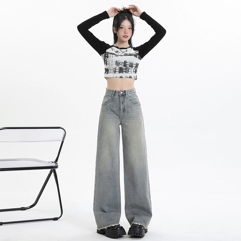 玫丝朵 复古高腰拉链宽松直筒牛仔裤 女款 怀旧蓝