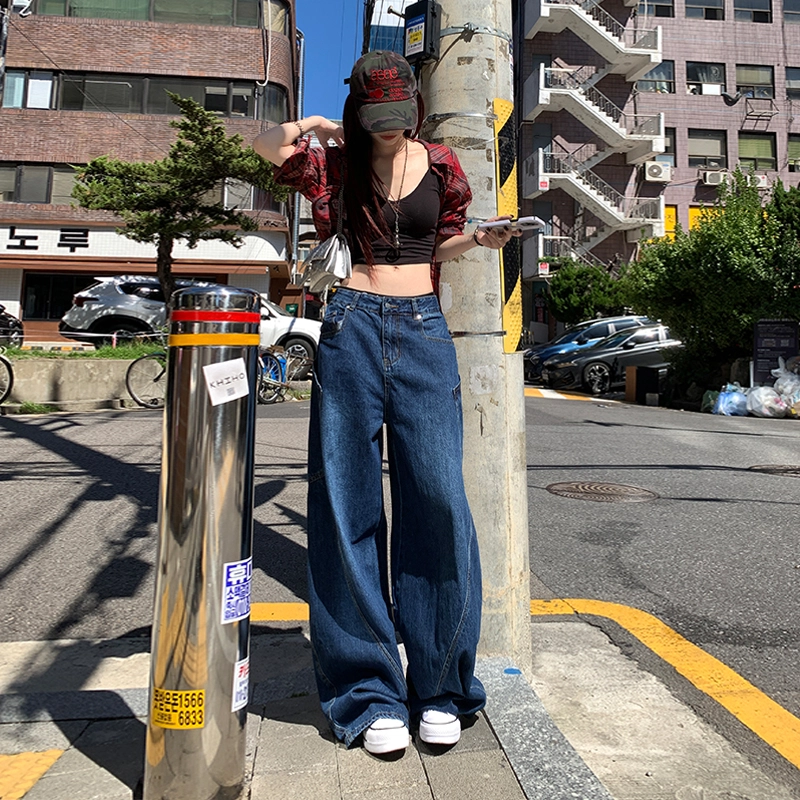 玫丝朵 日系少年感街头弯刀拼接牛仔裤 女款