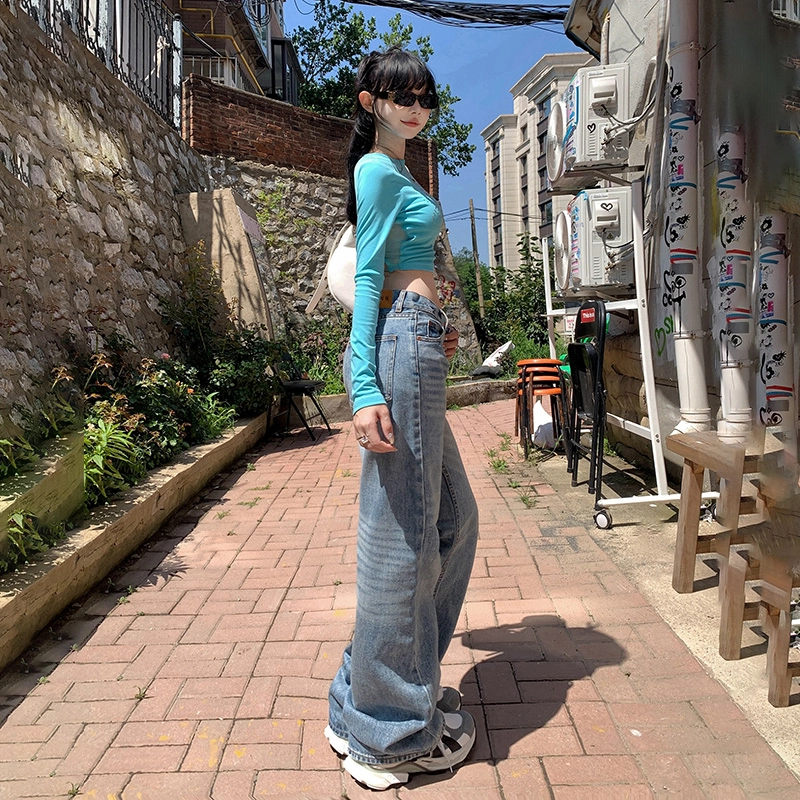 玫丝朵 水洗低腰百搭宽松阔腿裤牛仔裤 女款 复古