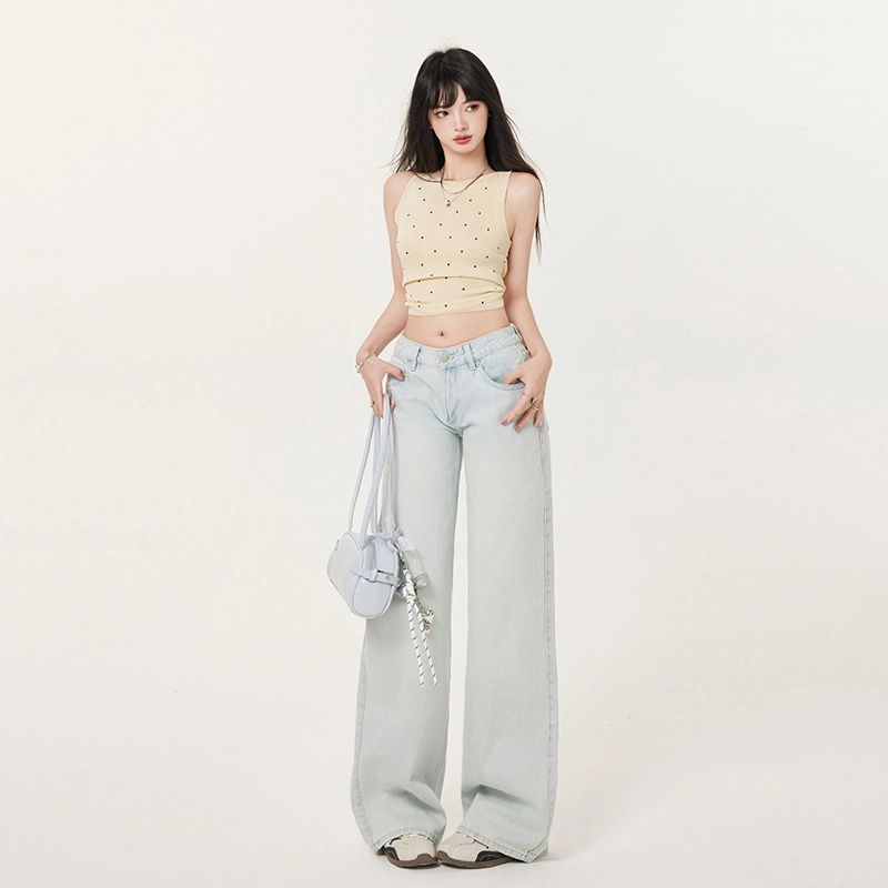 玫丝朵 美式复古低腰浅蓝色宽松百搭显瘦直筒牛仔裤 女款