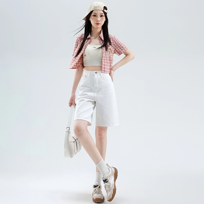 玫丝朵 基础纯色百搭款宽松舒适简约五分牛仔短裤 女款