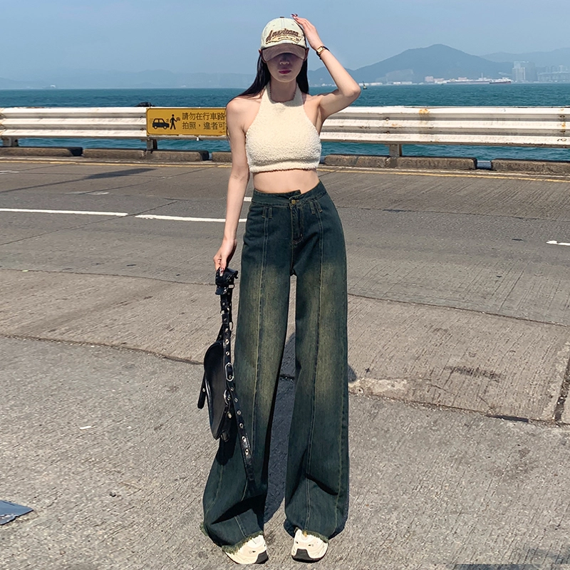 玫丝朵 美式复古设计感垂感阔腿拖地牛仔裤 女款