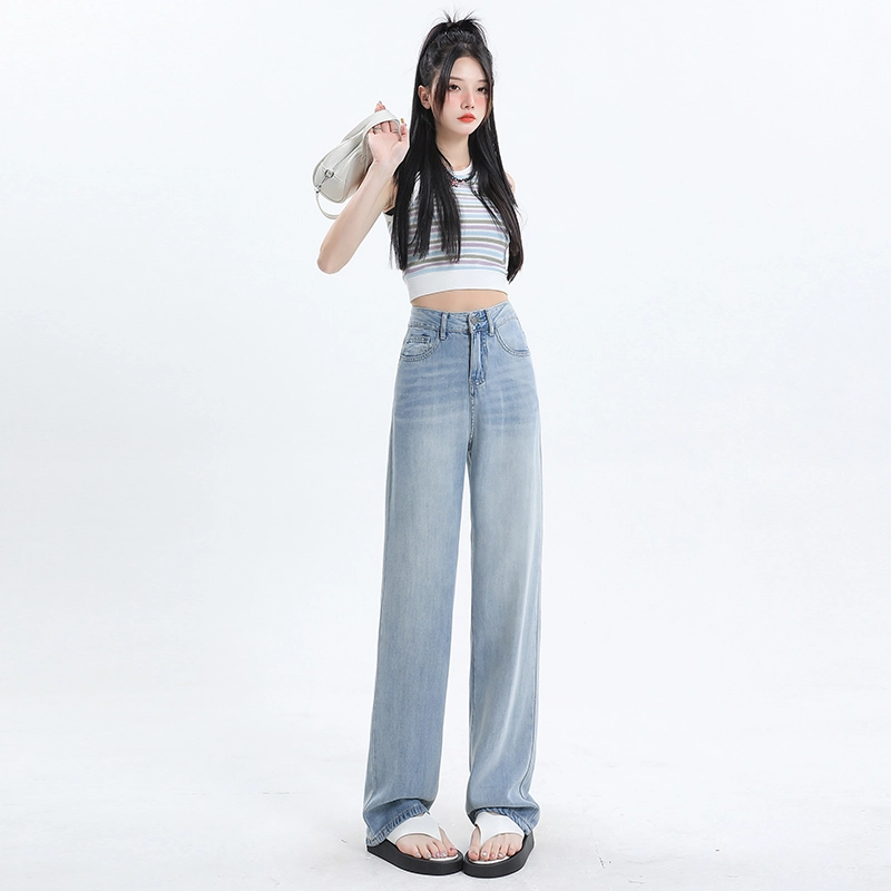 玫丝朵 薄款高腰宽松百搭阔腿垂感牛仔裤 女款