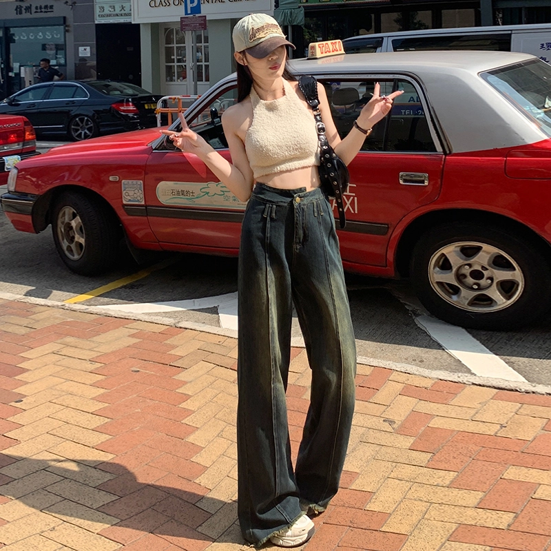 玫丝朵 美式复古设计感垂感阔腿拖地牛仔裤 女款
