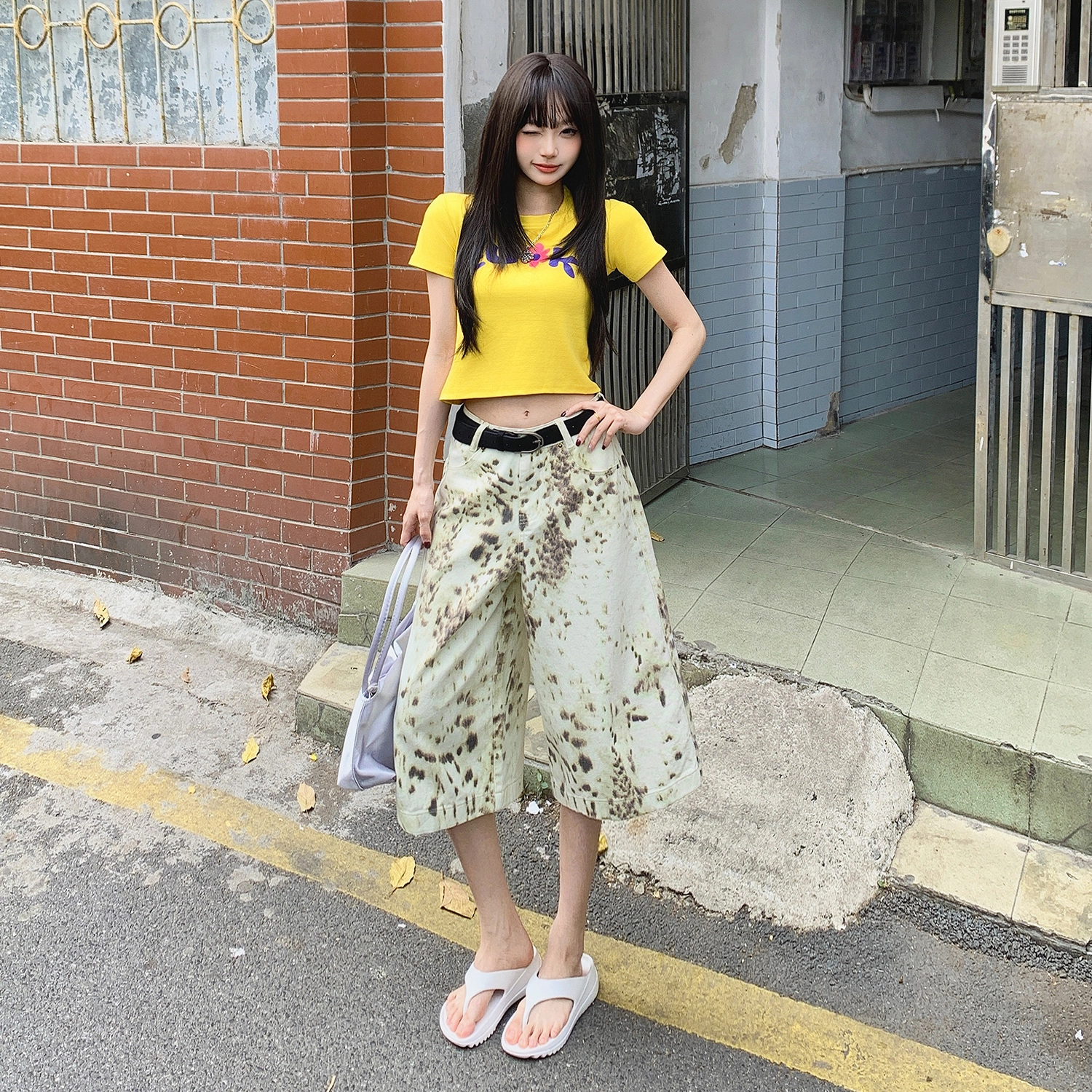 玫丝朵 小众美式豹纹阔腿宽松高腰牛仔短裤 女款