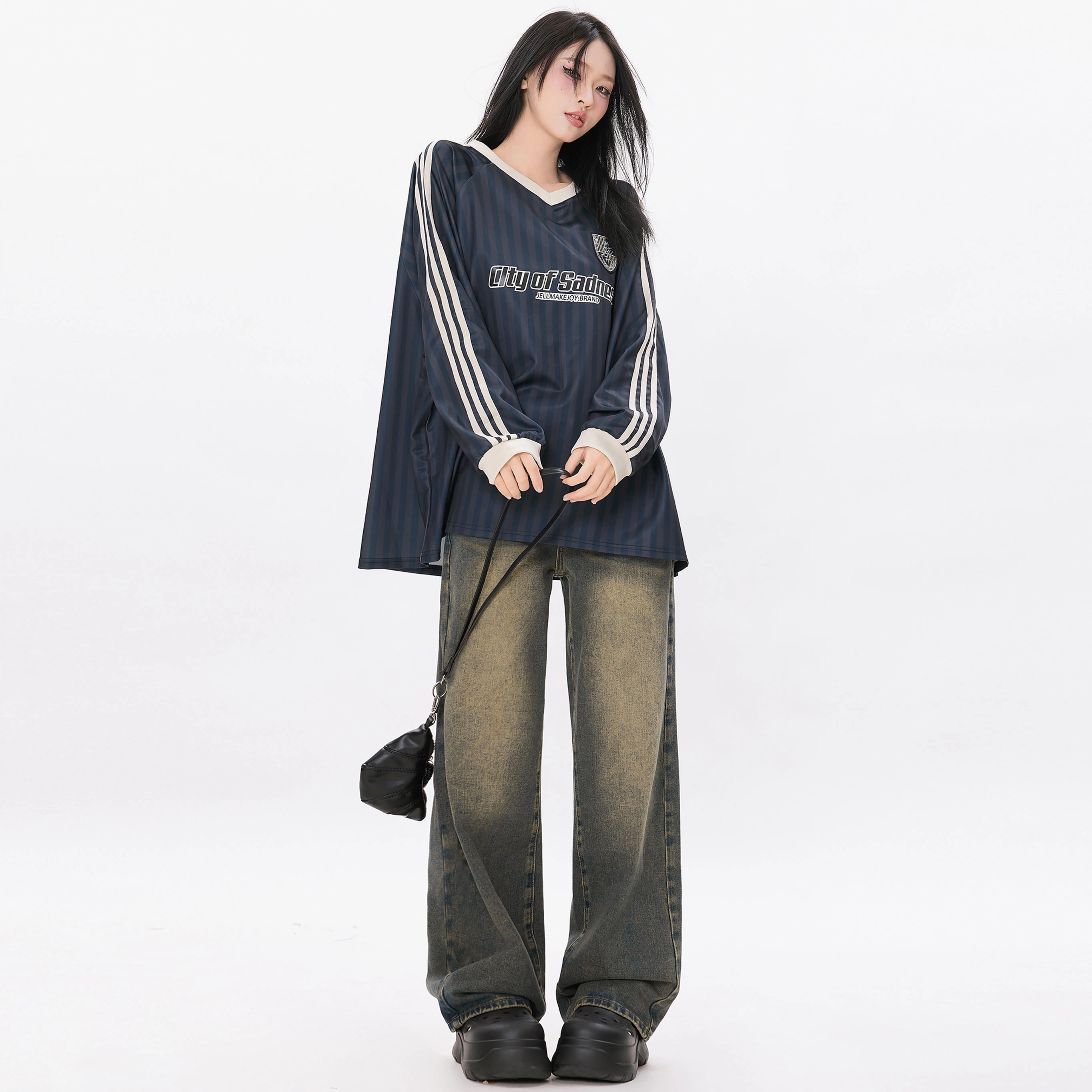 玫丝朵 做旧高腰宽松阔腿裤简约设计感牛仔裤 女 怀旧蓝