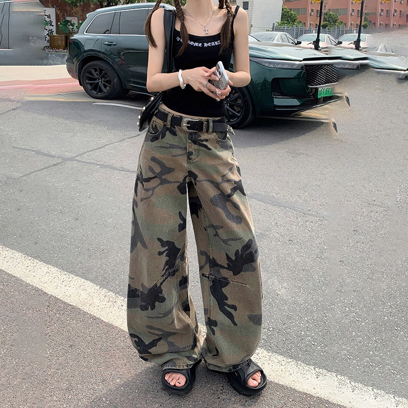 玫丝朵 美式复古高腰迷彩设计时尚百搭宽松直筒阔腿牛仔裤 女款