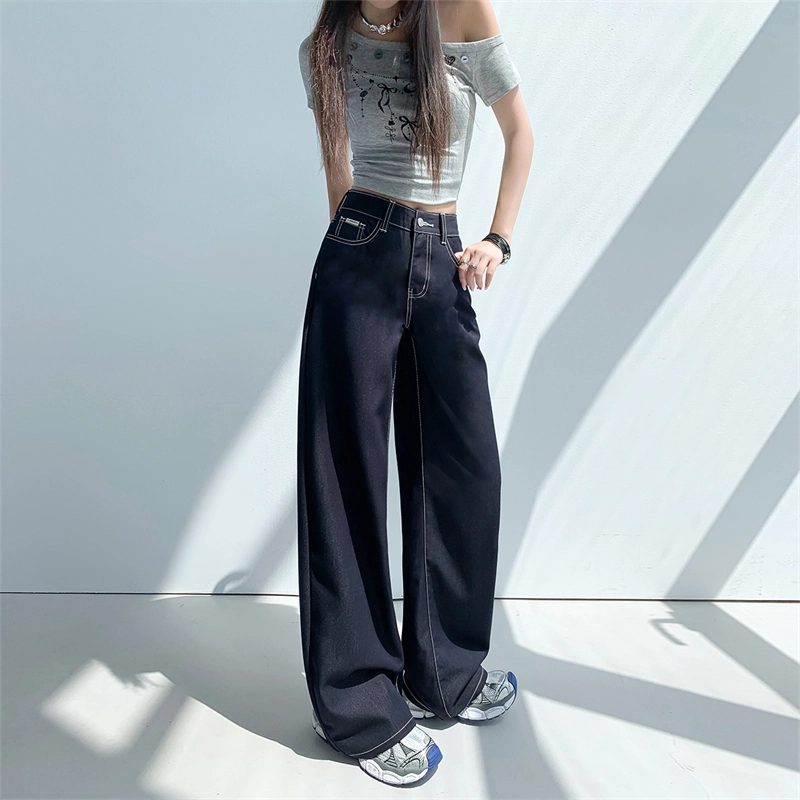 玫丝朵 阔腿高腰垂感薄款宽松百搭牛仔裤  女款