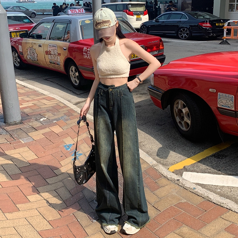 玫丝朵 美式复古设计感垂感阔腿拖地牛仔裤 女款