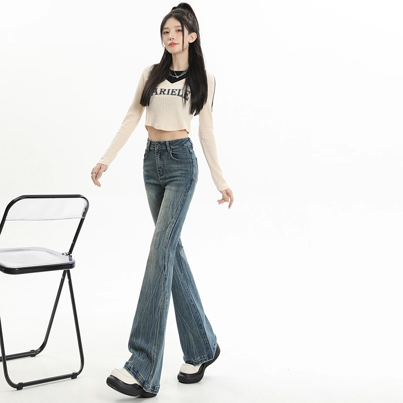 玫丝朵 复古高街做旧猫须设计感微喇拖地牛仔裤 女款