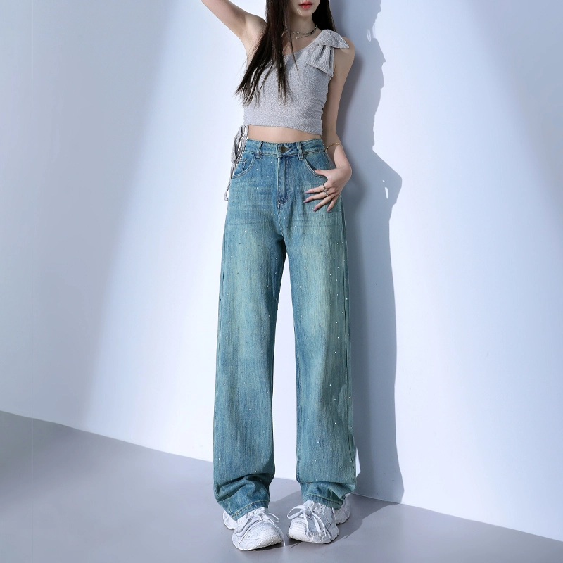 玫丝朵 美式潮流设计时尚百搭宽松阔腿牛仔裤 女款 烫钻孔雀绿