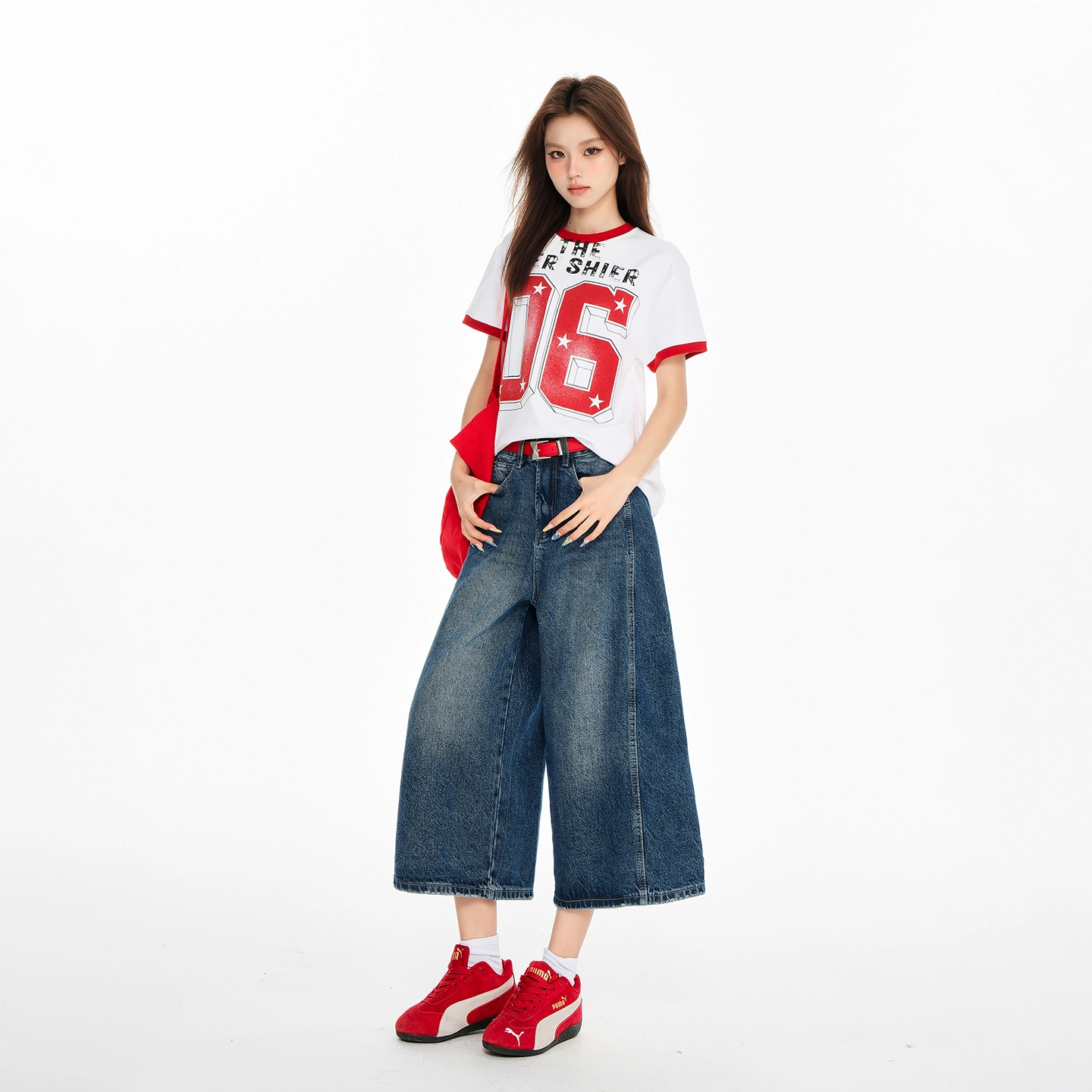 玫丝朵 美式复古做旧质感高腰宽松直筒七分牛仔短裤 女款