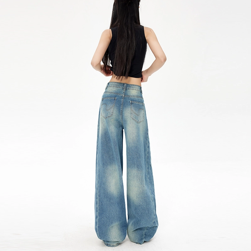 玫丝朵 破洞解构感弯刀立体剪裁廓形香蕉裤牛仔裤 女款 水洗蓝