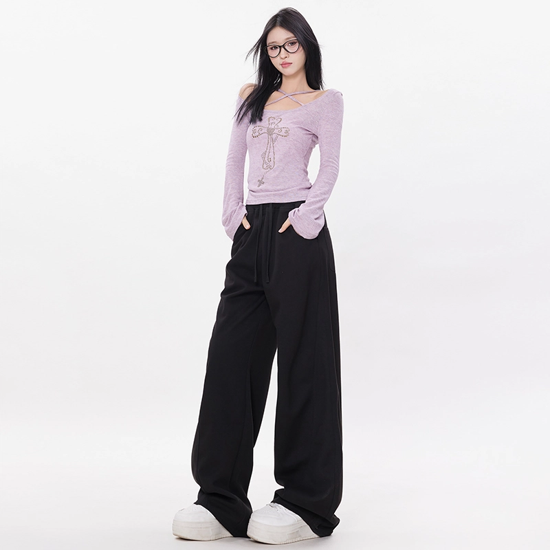 玫丝朵 简约百搭弯刀裤设计高腰宽松阔腿休闲裤 女款 白色