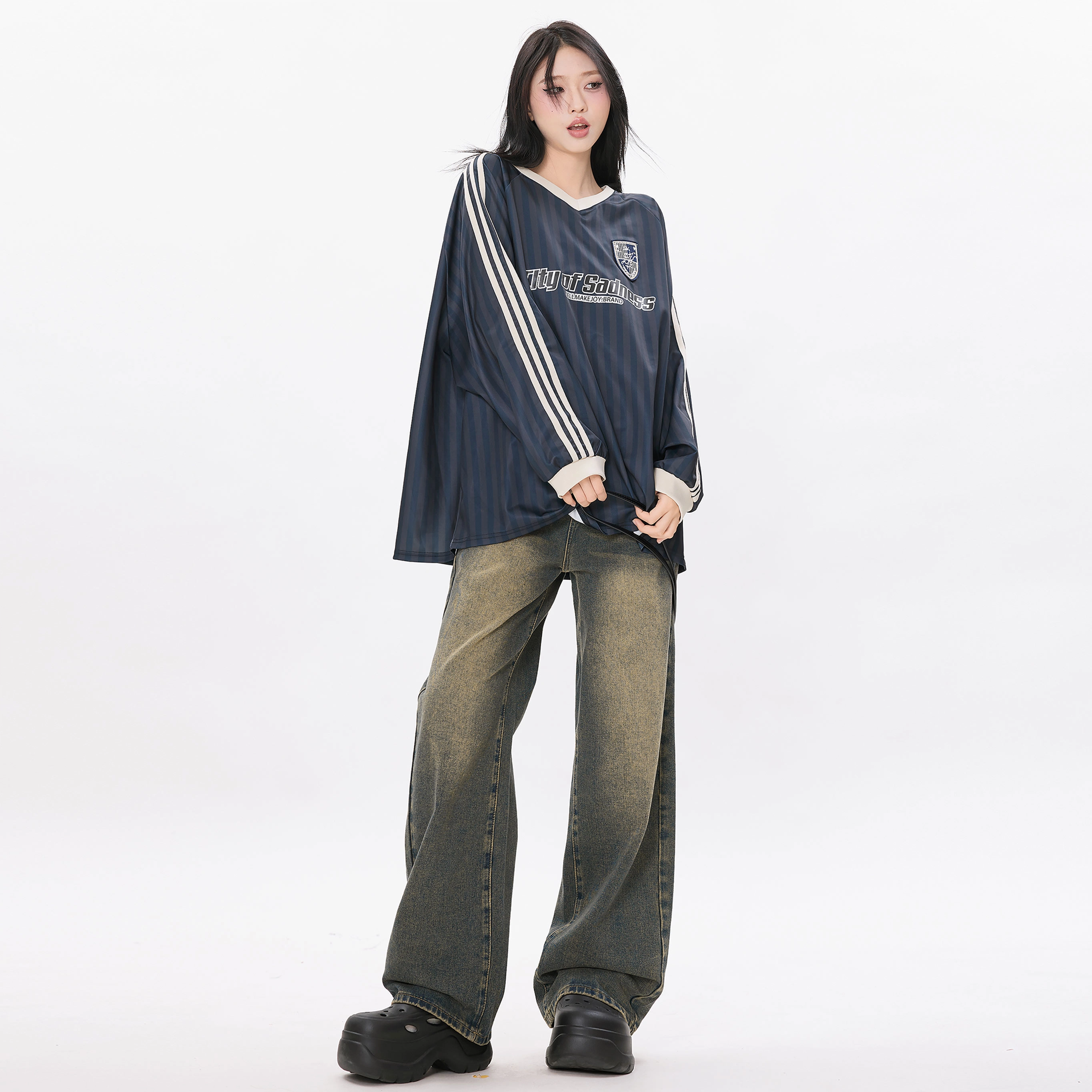 玫丝朵 做旧高腰宽松阔腿裤简约设计感牛仔裤 女 怀旧蓝