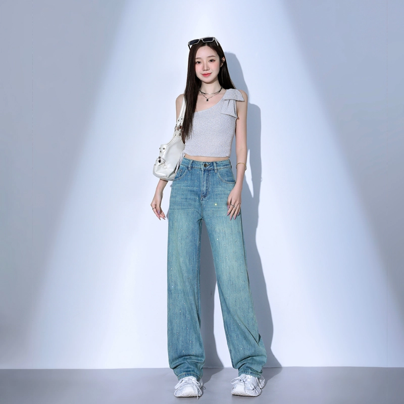 玫丝朵 美式潮流设计时尚百搭宽松阔腿牛仔裤 女款 烫钻孔雀绿