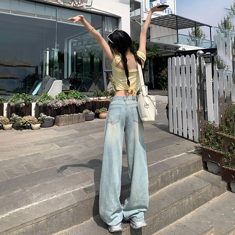 玫丝朵 美式复古做旧设计时尚简约百搭宽松直筒垂感裤子女夏季牛仔裤 女款