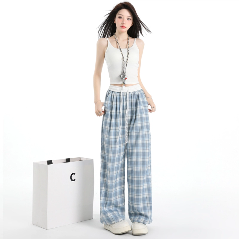 玫丝朵 美式新潮简约纹格设计松紧高腰宽松阔腿休闲裤 女款