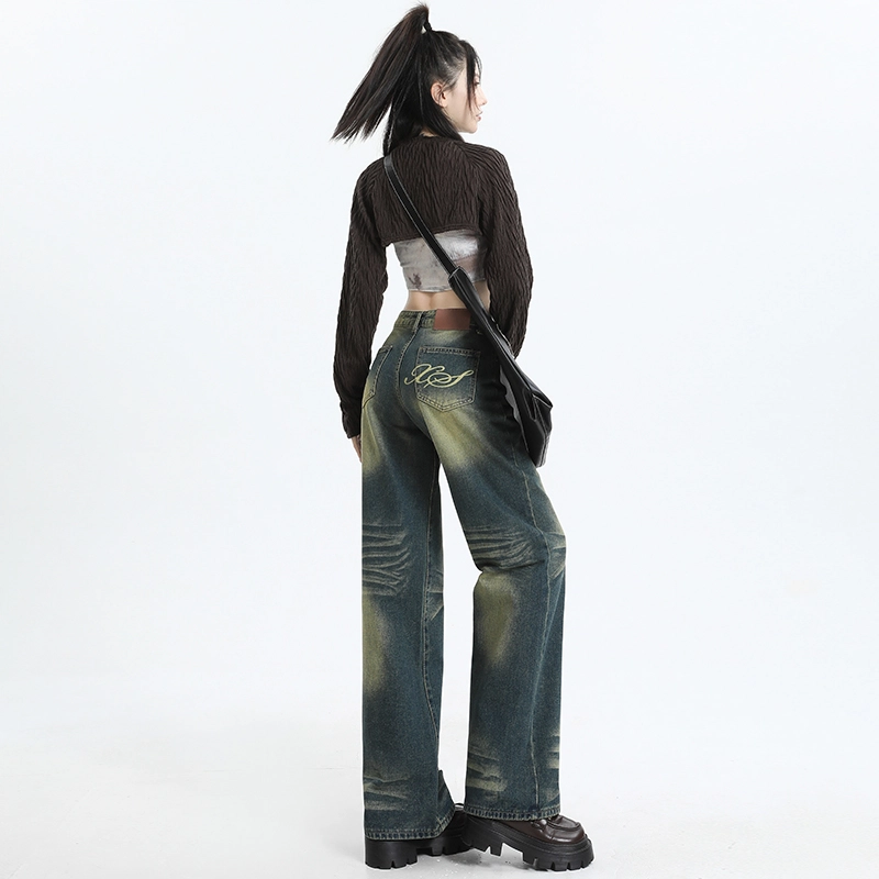 玫丝朵 美式复古怀旧高腰宽松直筒拖地牛仔裤 女款
