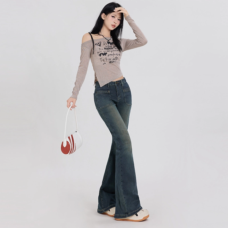 玫丝朵 美式复古前口袋设计百搭修身喇叭长裤牛仔裤 女款 怀旧蓝